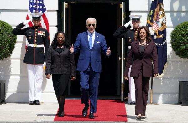 U.S. President Joe Biden walks out of the South Portico with Judge Ketanji Brown Jackson and Vice President Kamala Harris as they arrive for a celebration of Jackson's confirmation to serve on the U.S. Supreme Court at the White House on April 8, 2022. (Kevin Lamarque/Reuters)