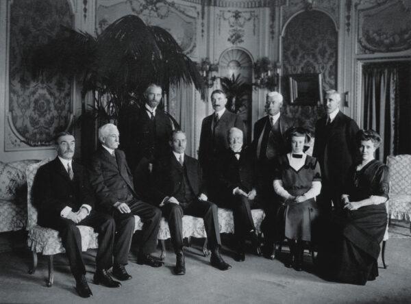 Andrew Carnegie (front row, fourth from left), his daughter, Margaret, and wife, Louise, at the corporation’s first board meeting, Nov. 10, 1911. (Public Domain)