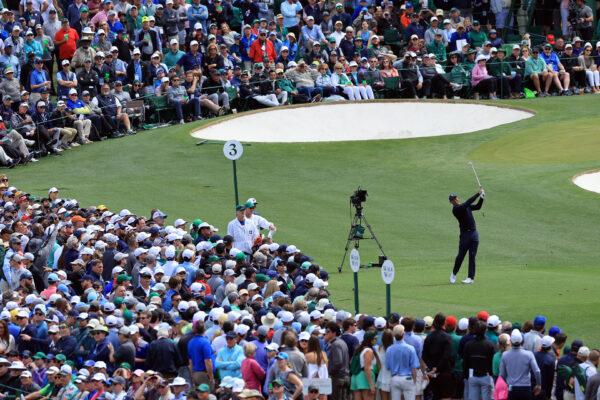 Tiger Woods plays his shot from the third tee during the second round of The Masters at Augusta National Golf Club in Augusta, Ga., on April 8, 2022. (David Cannon/Getty Images)