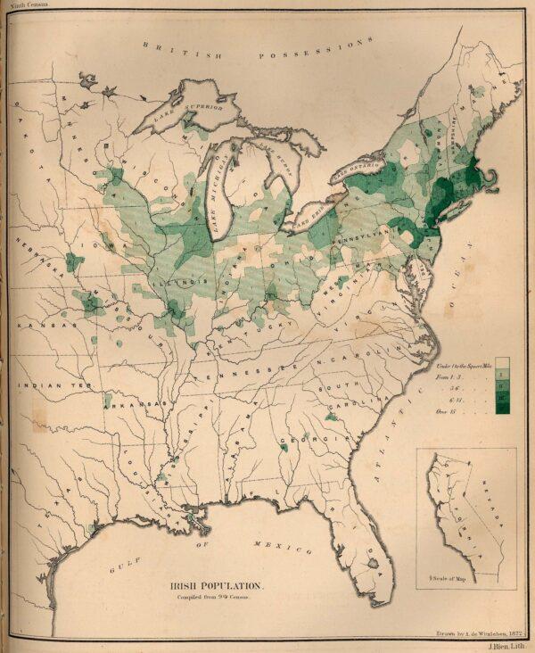 The location of the American Irish population in 1870, according to the ninth U.S. census. (Public Domain)