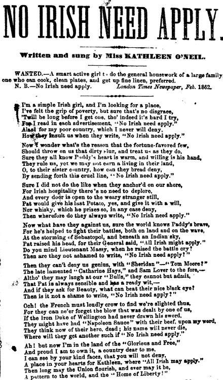 Lyric sheet for the 1862 American song “No Irish Need Apply” (Public Domain)