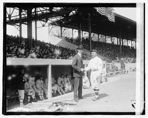 owners of the Washington Senators baseball team, Clark Griffith and Manager Connie Mack, on Opening Day 1919. (Library of Congress/ Public Domain)