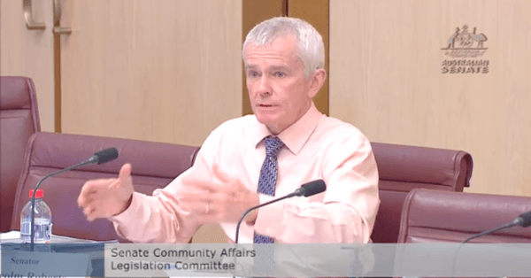 One Nation Senator Malcolm Roberts questions Therapeutic Goods Administration during Senate Estimates in Parliament House, in Canberra, Australia, on April 6, 2022. (Screenshot by The Epoch Times)