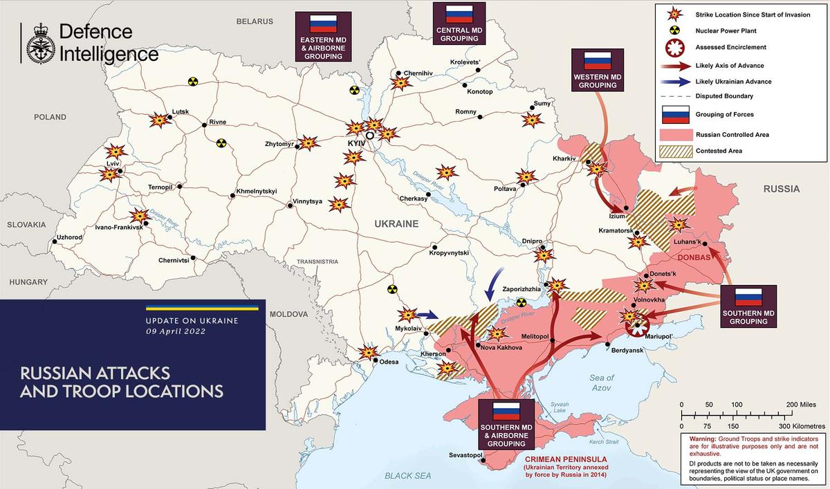 A map by the U.K. Ministry of Defense shows the troop locations of Russia and Ukraine as of April 9, 2022. (U.K. Ministry of Defense)