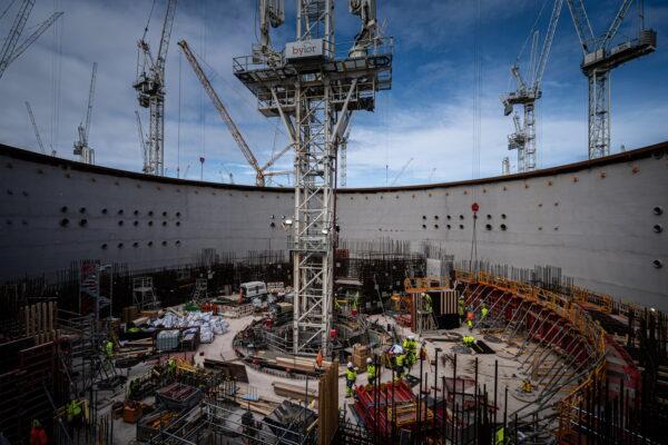 Construction work on the circular reinforced concrete and steel home of a reactor at Nuclear Island 1, at Hinkley Point C nuclear power plant near Bridgwater in Somerset, England, on Sept. 23, 2021. (Ben Birchall/PA)