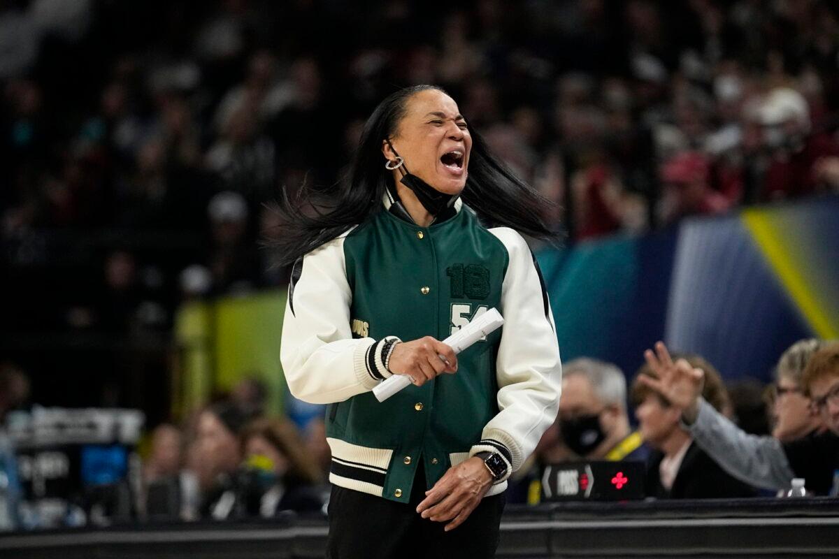South Carolina head coach Dawn Staley reacts during the second half of a college basketball game in the final round of the Women's Final Four NCAA tournament in Minneapolis on April 3, 2022. (Eric Gay/AP Photo)