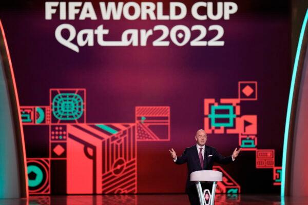 FIFA President Gianni Infantino speaks before the 2022 soccer World Cup draw at the Doha Exhibition and Convention Center in Doha, Qatar, on April 1, 2022. (Hassan Ammar/AP Photo)