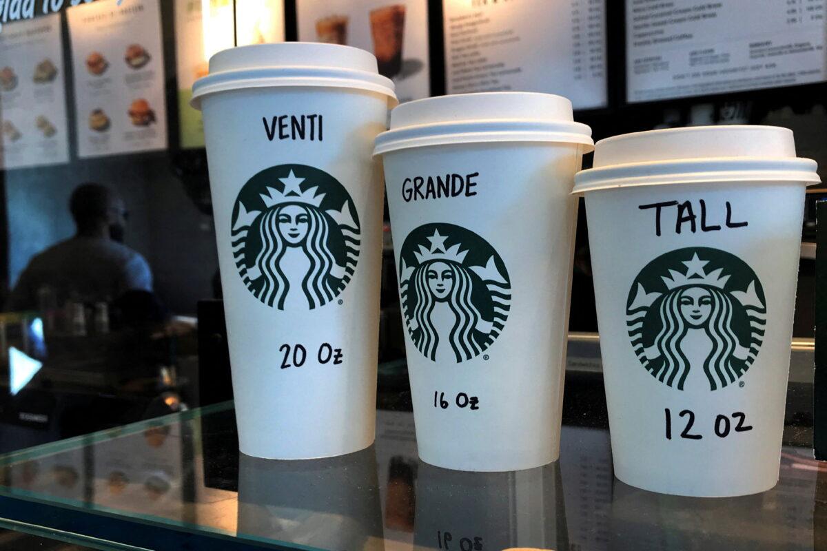 FILE PHOTO: Starbucks cups on a counter in the Manhattan borough of New York City, New York, on Feb. 16, 2022. (Reuters/Carlo Allegri)