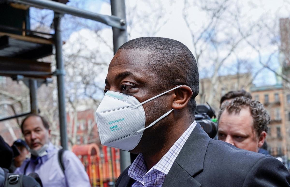 New York State Lieutenant Governor Brian Benjamin, who has been arrested and charged with bribery and fraud for allegedly directing state funds to a group controlled by a real estate developer who was a campaign donor, leaves a courthouse in New York on April 12, 2022. (Dieu-Nalio Chery/Reuters)