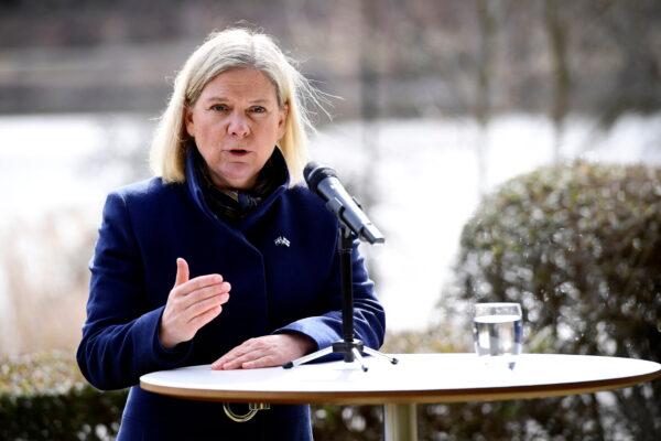 Sweden's Prime Minister Magdalena Andersson speaks during a press conference with Finland's Prime Minister Sanna Marin amid Russia's invasion of Ukraine, in Stockholm, Sweden, on April 13, 2022. (Paul Wennerholm/TT News Agency/via Reuters)
