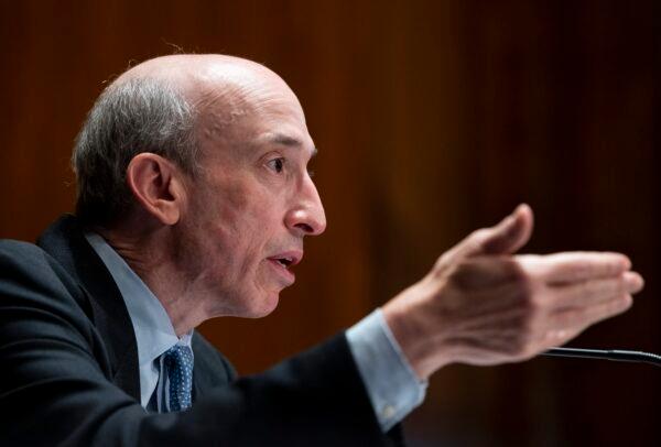 Gary Gensler, Chair of the U.S. Securities and Exchange Commission, testifies during the Senate Banking, Housing, and Urban Affairs Committee hearing in Washington, on Sept. 14, 2021. (Bill Clark/Pool/Getty Images)