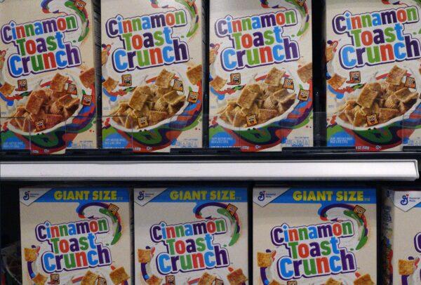 General Mills' Cinnamon Toast Crunch are on display on a supermarket shelf in Arlington, Va., on Oct. 15, 2021. (Olivier Douliery/AFP via Getty Images)