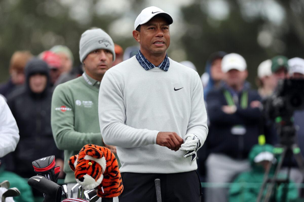 Tiger Woods looks on from the eighth tee during the third round of the Masters at Augusta National Golf Club, in Augusta, Georgia, on April 9, 2022. (Gregory Shamus/Getty Images)