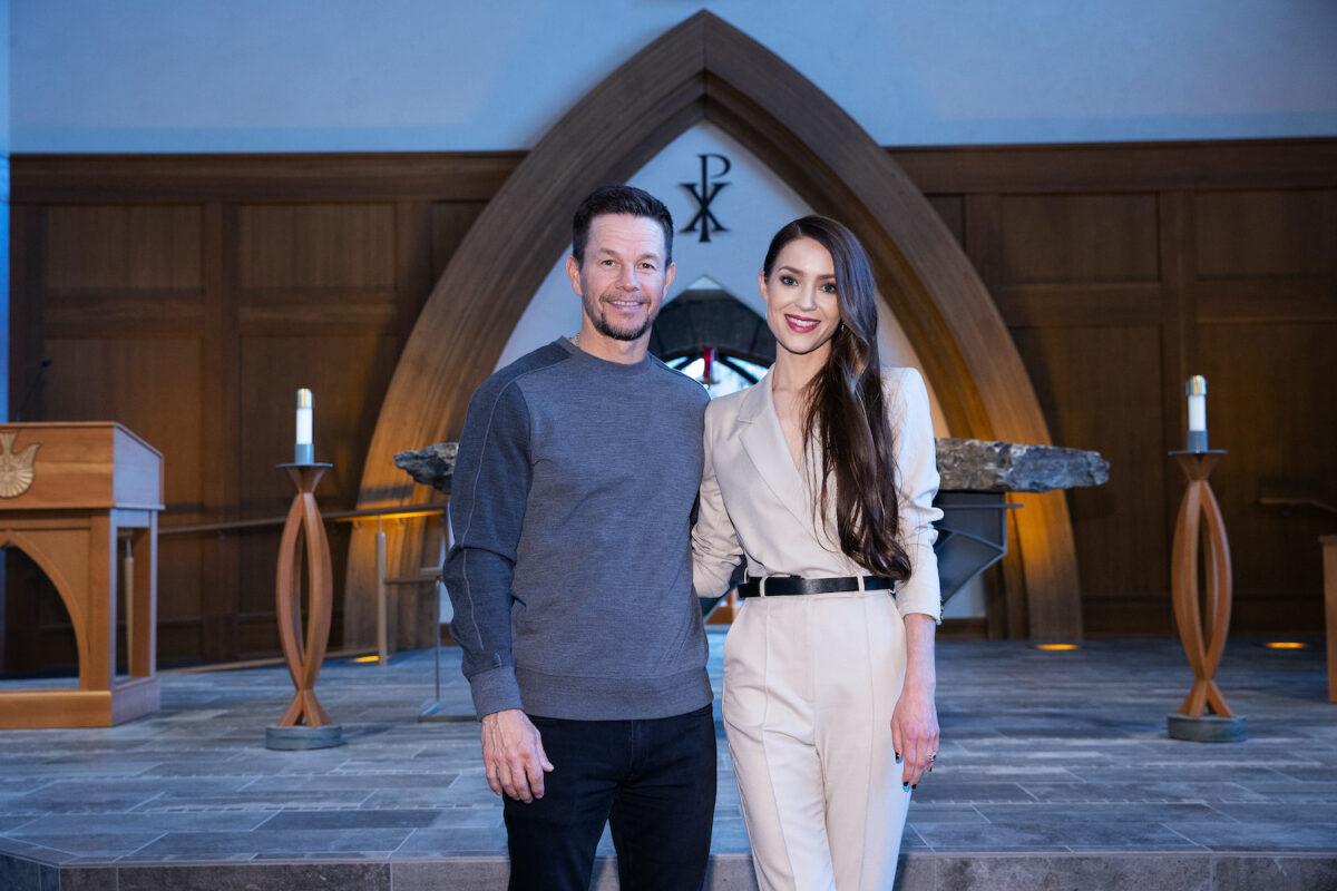 Mark Wahlberg and director Rosalind Ross visit All Saints Chapel at Carroll College on behalf of the film Father Stu in Helena, Mont., on April 4, 2022. (Mat Hayward/Getty Images for Sony Pictures)