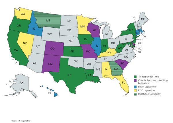 Map of the United States showing nine states in green that recognize 911 operators as first-responders. (Courtesy of Jody Kenyon 911 Coordinators)
