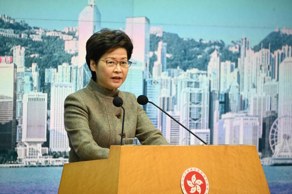 Hong Kong Chief Executive Carrie Lam speak during a press conference in Hong Kong on Jan. 11, 2022. (Bill Cox/The Epoch Times)