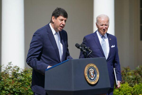 President Joe Biden (R) listens as Steve Dettelbach, nominee for director of the Bureau of Alcohol, Tobacco, Firearms, and Explosives, speaks at the Rose Garden of the White House on April 11, 2022. (Mandel Ngan/AFP via Getty Images)