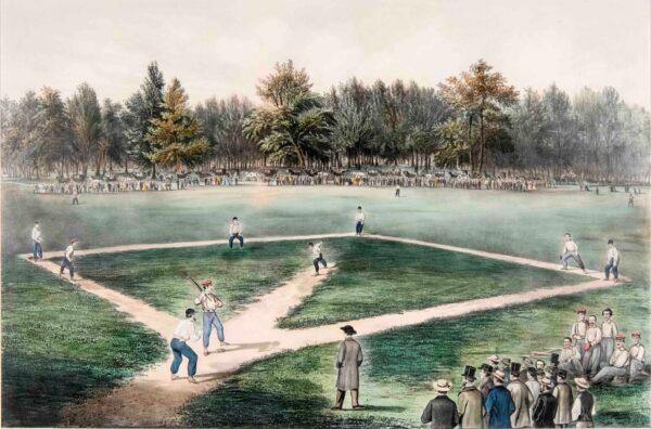 “The American National Game of Base Ball: Grand Match for the Championship at the Elysian Fields, Hoboken, N.J.” by Nathaniel Currier and James Ives. (Joslyn Art Museum, Gift of Conagra Brands)