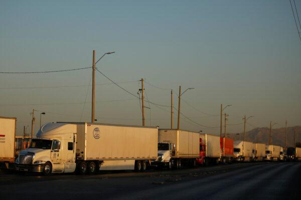 Trucks wait in a long queue to cross into the United States after the Texas Department of Public Safety announced increased security checks at the international ports of entry into Texas, at the Zaragoza-Ysleta border crossing bridge in Ciudad Juarez, Mexico, on April 9, 2022. (REUTERS/Jose Luis Gonzalez)