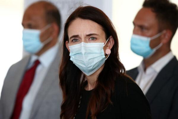 New Zealand Prime Minister Jacinda Ardern promotes the COVID-19 booster vaccine at the new vaccination centre at the Cloud in Auckland, New Zealand on Feb. 4, 2022. (Goodall/Getty Images)