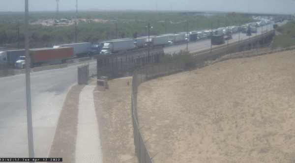 The line of trucks waiting to get into the United States from Mexico at the Laredo bridge in Texas on April 12, 2022. (Screenshot of bridge cam)