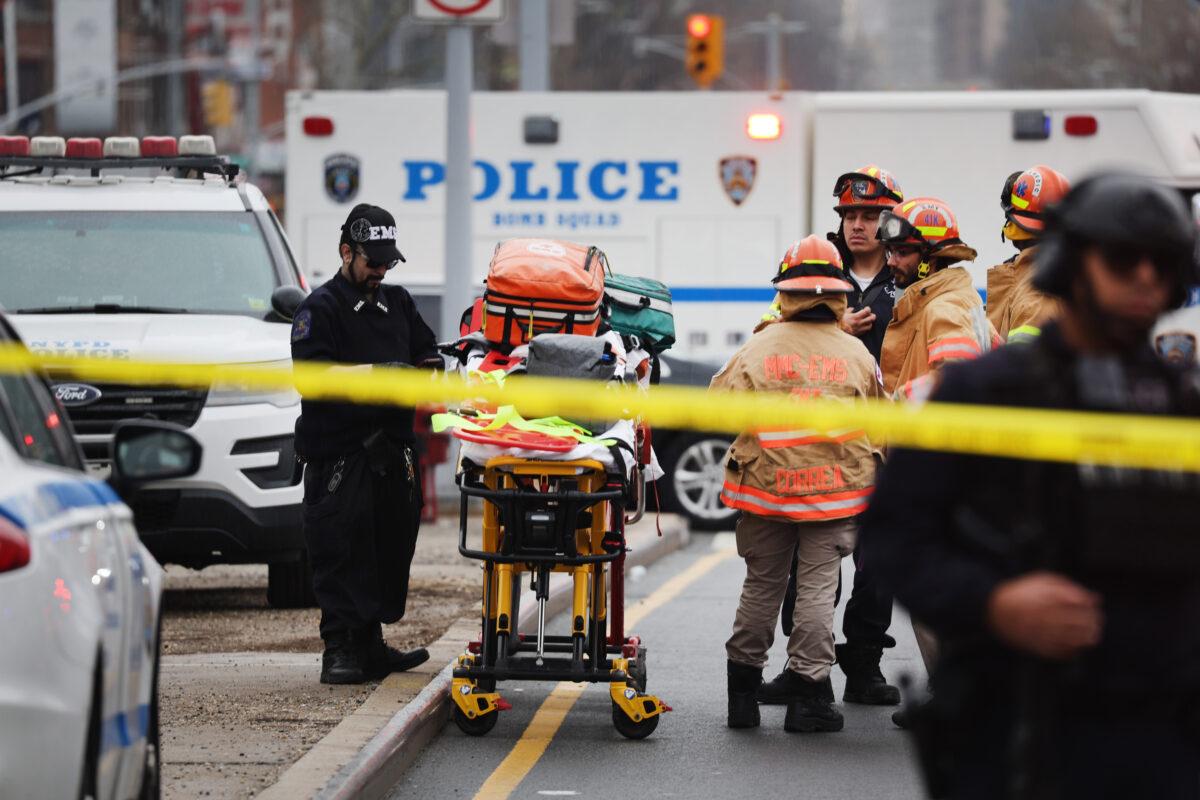 Police and emergency responders gather at the site of a reported shooting of multiple people outside the 36 St. subway station in the Brooklyn borough of New York City on April 12, 2022. (Spencer Platt/Getty Images)