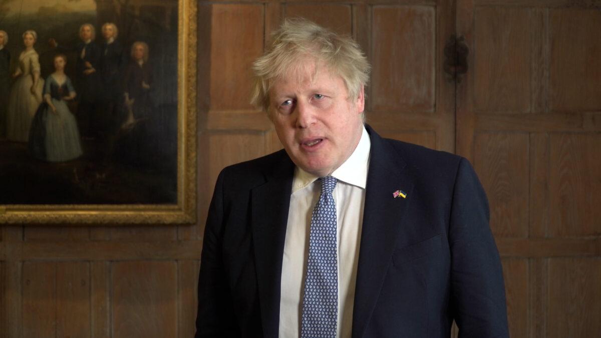 British Prime Minister Boris Johnson delivers a statement following the announcement that he and Chancellor Rishi Sunak would be fined as part of a police probe into allegations of lockdown parties, at his country residence Chequers, in Buckinghamshire, England, on April 12, 2022. (Marc Ward/PA)