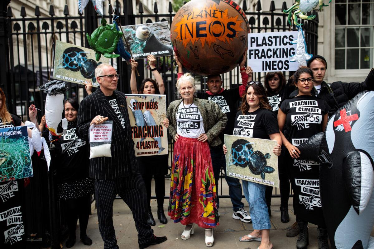 British fashion designer Dame Vivienne Westwood (C) and her son Joe Corre (2nd L) stage an anti-fracking protest with campaigners outside Downing Street in London on June 5, 2018. (Jack Taylor/Getty Images)