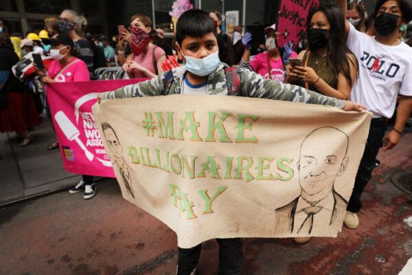 People participate in a "March on Billionaires" event in New York City on July 17, 2020. (Spencer Platt/Getty Images)