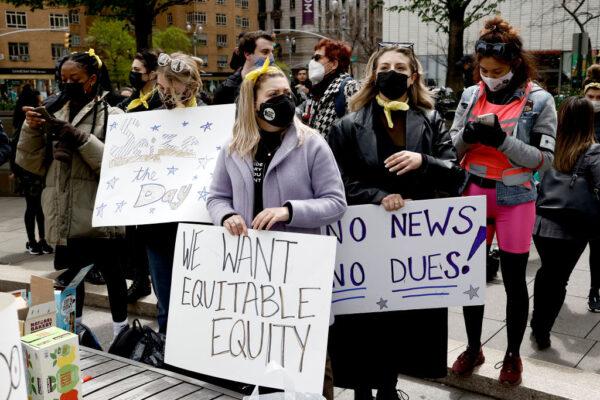 Protesters gather in Columbus Circle during a march against racism and inequality in the theater industry in New York City on April 22, 2021. (Jamie McCarthy/Getty Images)