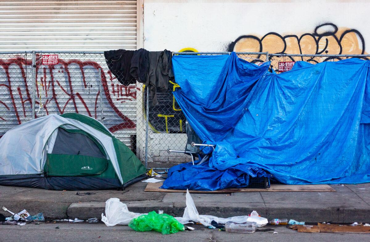 A homeless encampment in downtoen Los Angeles on Jan. 20, 2022. (John Fredricks/The Epoch Times)