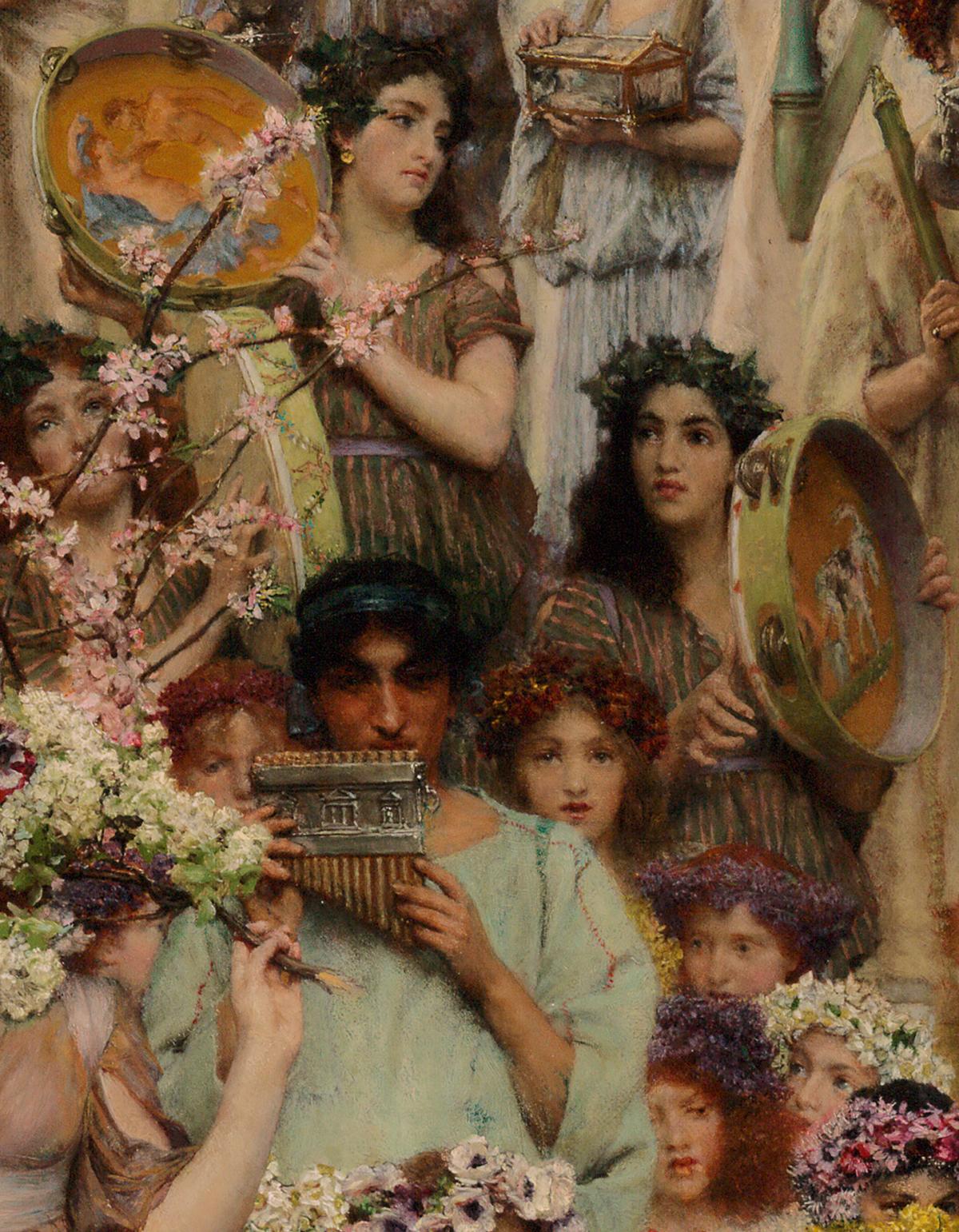 Closeup of pan flute player and women holding tambourines decorated with satyrs and maenads from Alma Tadema's "Spring."