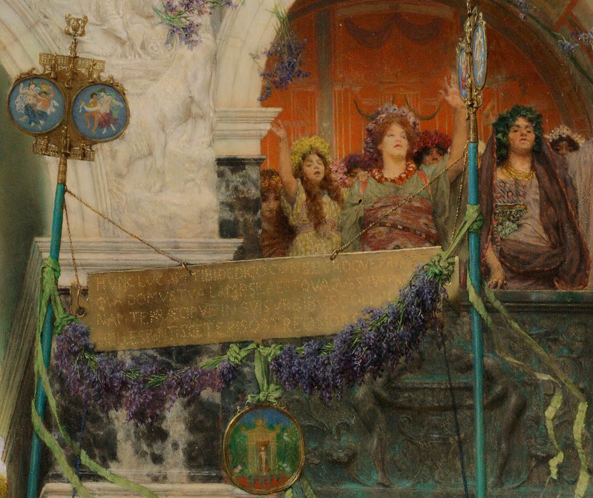 Closeup of Latin inscription “I dedicate, I consecrate this grove to thee, Priapus, whose home and woodlands are at Lampsacus” by Victorian poet Catullus from Alma Tadema's "Spring."