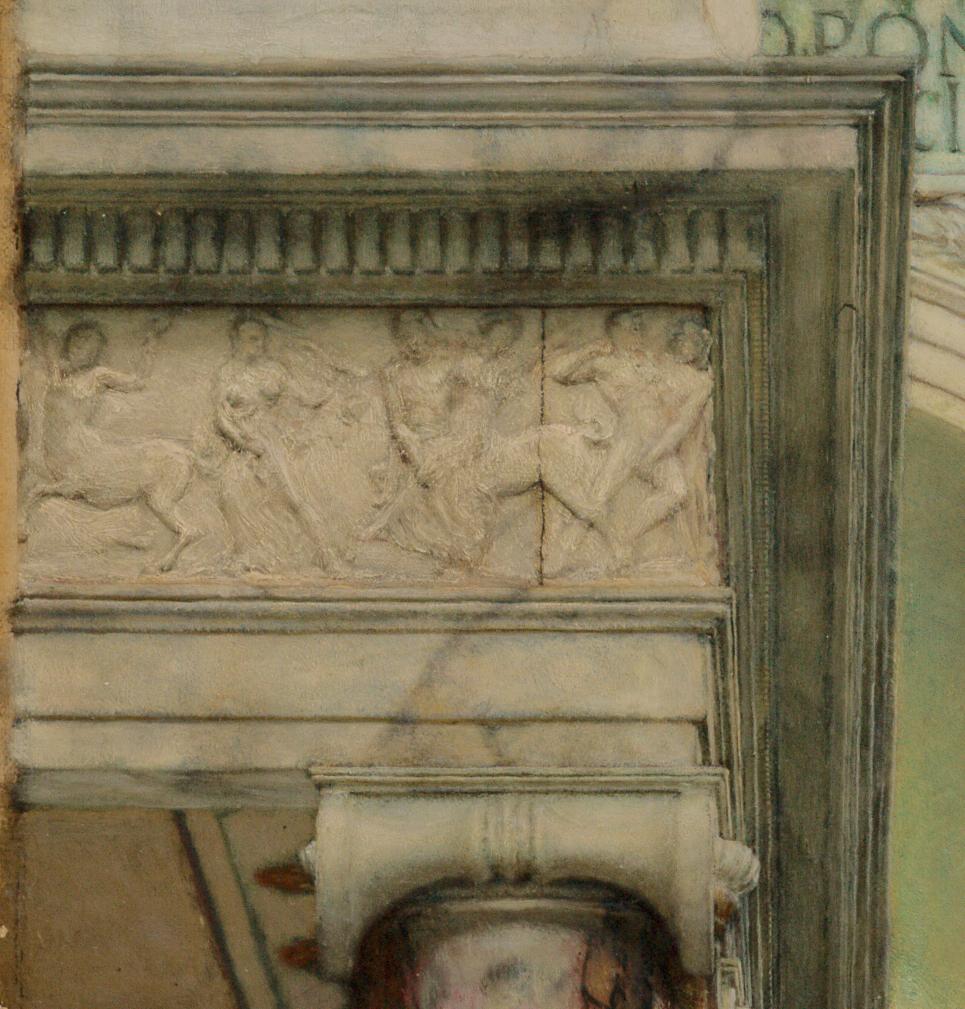 Closeup of ornamental relief alluding to “The Battle of the Lapiths and the Centaurs” from the Temple of Apollo in Alma Tadema's "Spring."