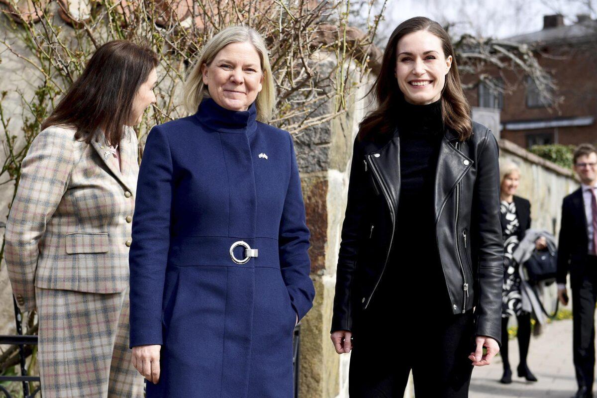 Swedish Prime Minister Magdalena Andersson (L), and Finnish Prime Minister Sanna Marin ahead of a meeting on whether to seek NATO membership, in Stockholm, on April 13, 2022. (Paul Wennerholm/TT via AP)