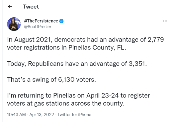  Screenshot of an April 13, 2022, social media post by Scott Presler regarding voter registration numbers in Pinellas County, Fla. (@ScottPresler/Twitter)