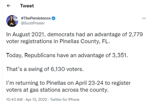 Screenshot of an April 13, 2022, social media post by Scott Presler regarding voter registration numbers in Pinellas County, Fla. (@ScottPresler/Twitter)