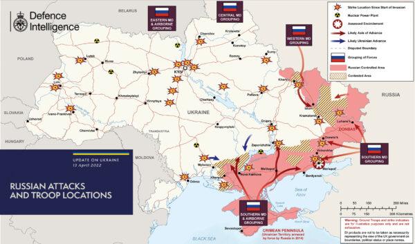 A map by the U.K. Ministry of Defense shows the troop locations of Russia and Ukraine as of April 13. (UK Ministry of Defense)