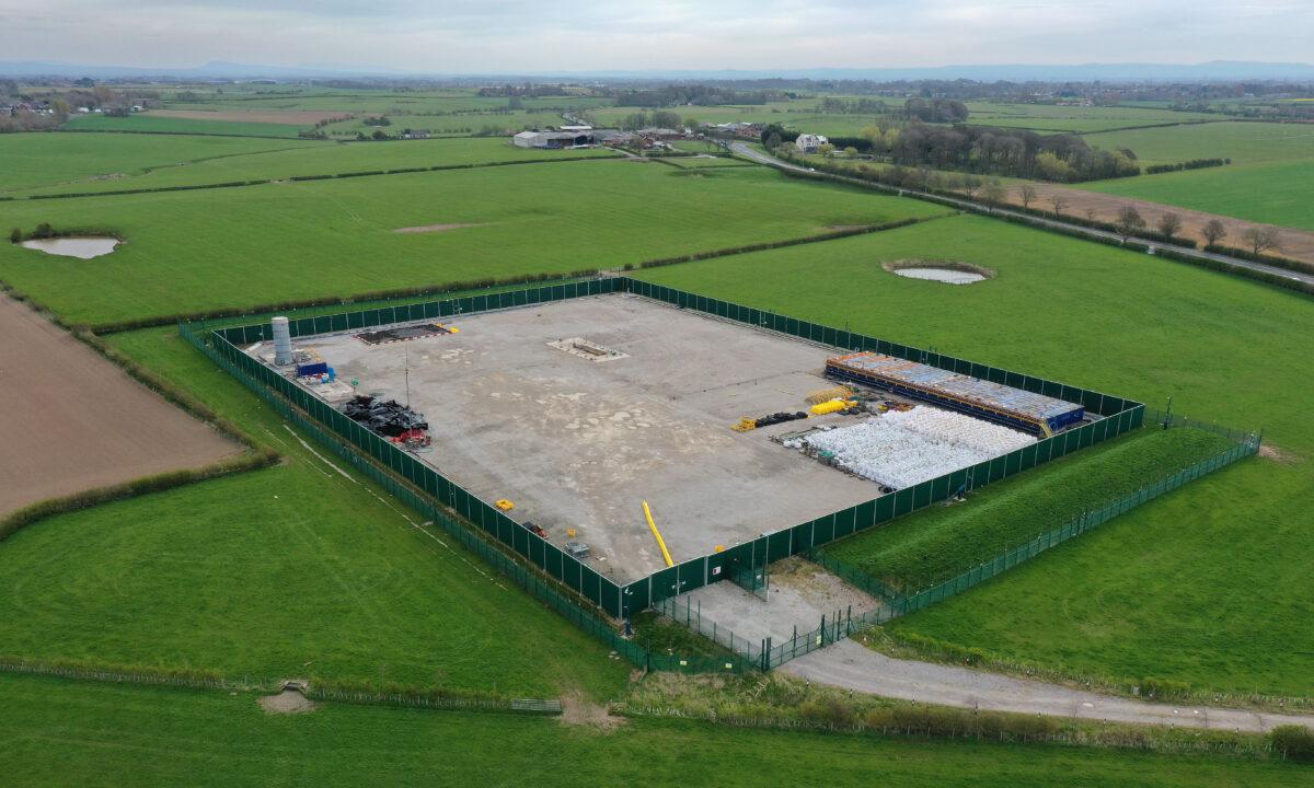An aerial view of the closed shale gas extraction (fracking) well at Preston New Road, near Blackpool, England, on April 11, 2022. (Christopher Furlong/Getty Images)