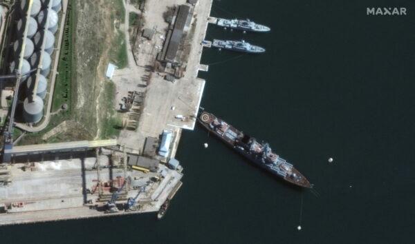  A satellite image shows a view of the Russian Navy's guided-missile cruiser Moskva at port in Sevastopol, Crimea, on April 7, 2022. (Satellite image 2022 Maxar Technologies/Handout via Reuters)