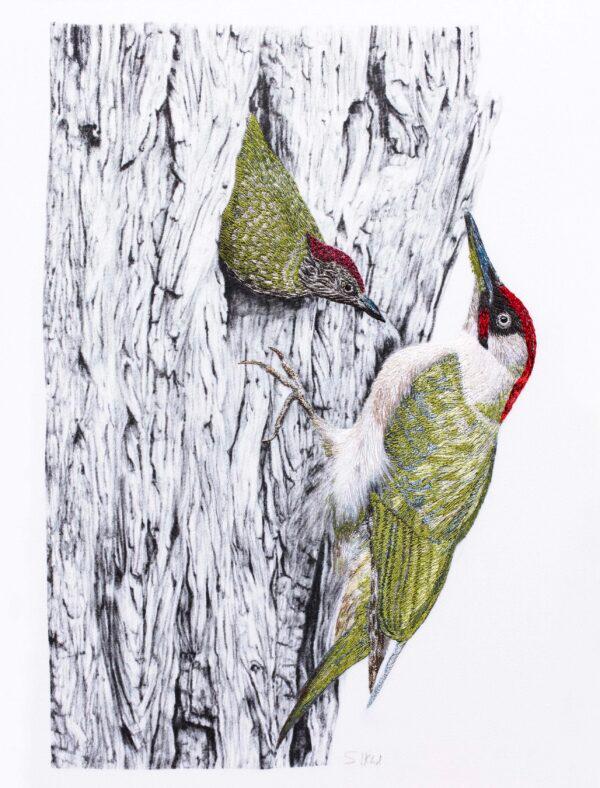 "Bushy Woodpeckers," 2021, by Susannah Weiland. Pencil drawing printed onto cotton-silk fabric and hand embroidered with matte, silk, and metallic fine machine embroidery threads. Framed: 12.2 inches by 17.1 inches. (Cultural Heritage Digitisation)