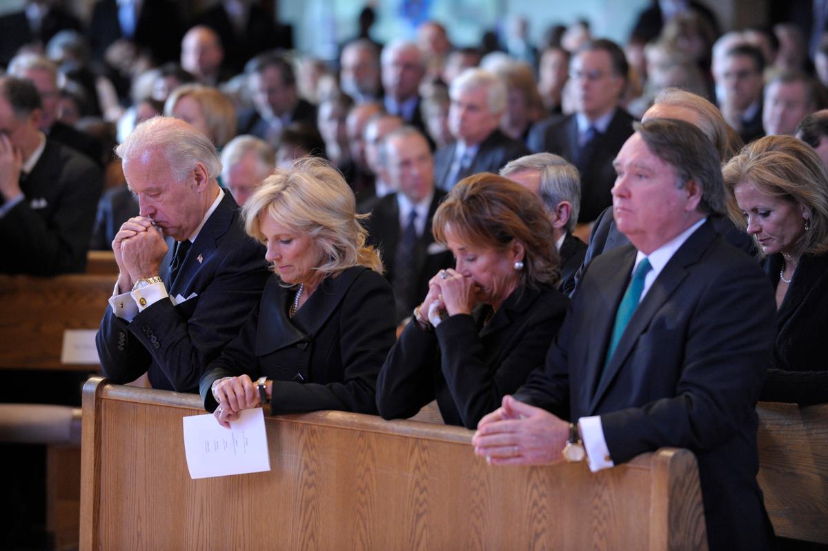 From L to R, US Vice President Joe Biden, his wife Jill Biden, his sister Valerie Biden Owens and her husband Jack Owens attend the funeral of the vice president's mother Jean Finnegan Biden at the Immaculate Heart of Mary Catholic Church in Wilmington, Delaware, on Jan. 12, 2010. (Susan Walsh/Pool/AFP via Getty Images)