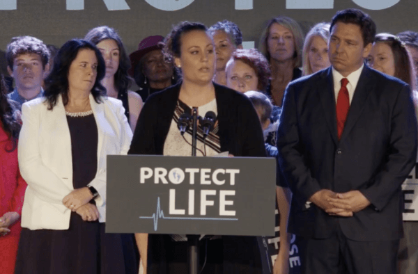 Heather Grall Barwick addresses the crowd at the HB 5 legislation signing in Kissimmee, Fla., on April 14, 2022. (Screenshot, Gov. Ron DeSantis Facebook page)