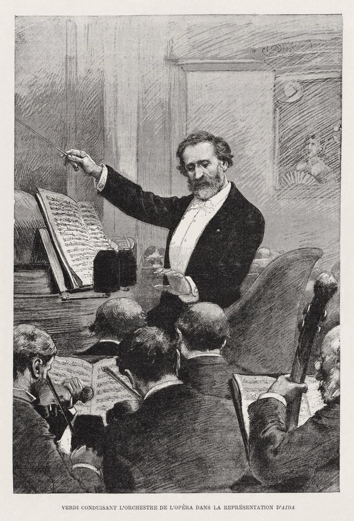  Illustration of Giuseppe Verdi conducting at the Palais Garnier by Adrien Marie, 1881. (public domain)
