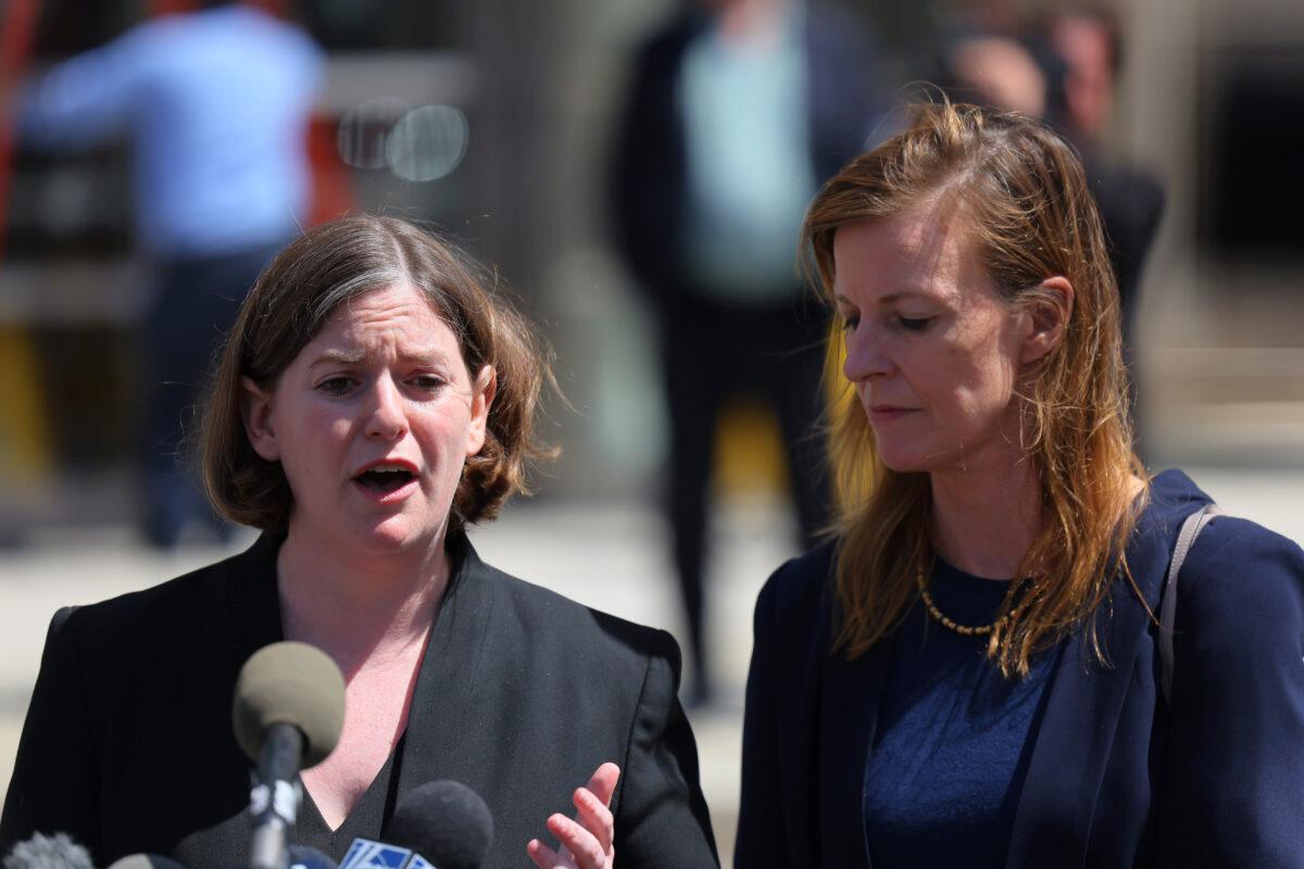 Mia Eisner-Grynberg and Deirdre von Dornum, both of Federal Defenders of New York and lawyers for mass shooting suspect Frank James, speak with reporters after a court hearing in New York City on April 14, 2022. (Michael M. Santiago/Getty Images)