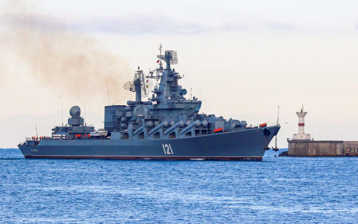 The Russian navy's guided-missile cruiser Moskva sails back into a harbor in the port of Sevastopol, Crimea, on Nov. 16, 2021. (Alexey Pavlishak/Reuters)