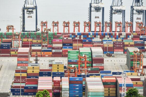 Cargo containers stacked at Yantian port in Shenzhen in China's Guangdong Province after a COVID-19 outbreak among port workers on June 22, 2021. (STR/AFP via Getty Images)