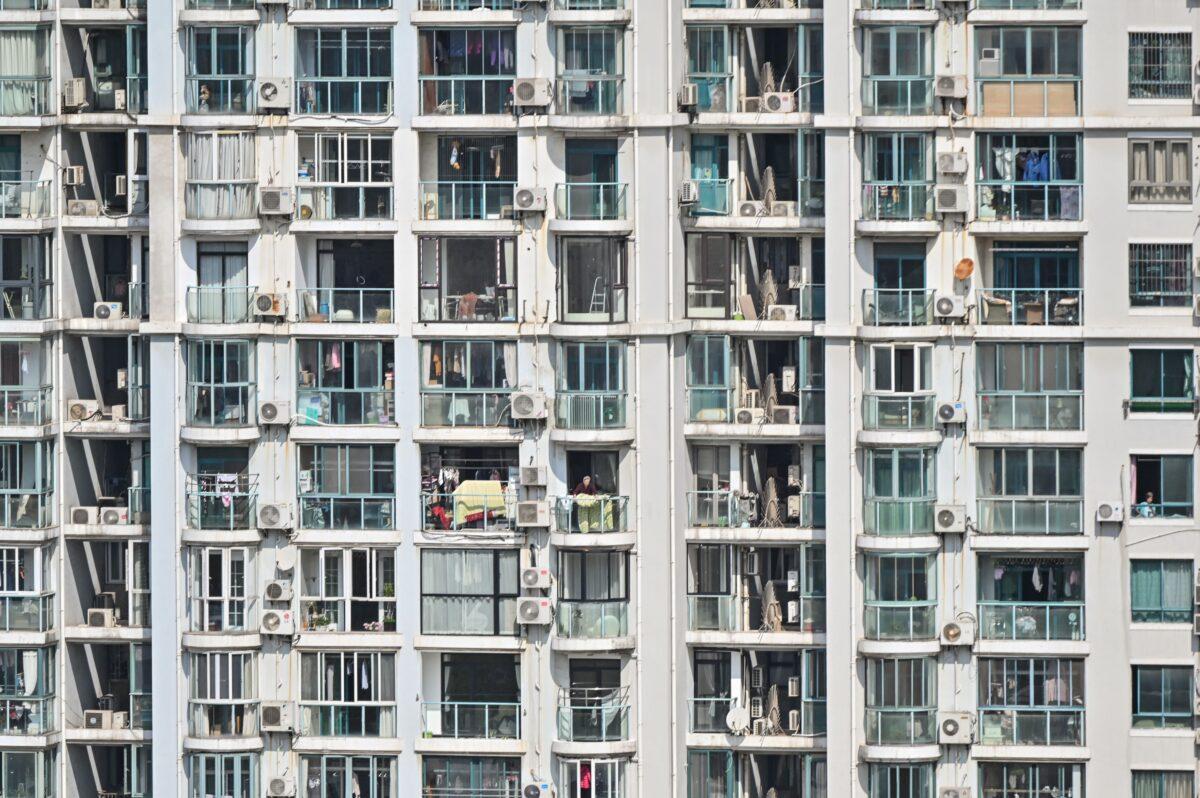 General view of a residential building during a COVID-19 lockdown in the Jing'an district in Shanghai on April 8, 2022. (Hector Retamal/AFP via Getty Images)