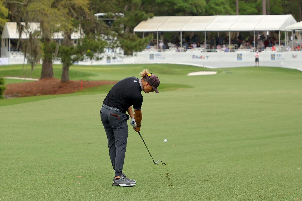 Morgan Hoffmann plays his shot on the 15th hole during the first round of the RBC Heritage at Harbor Town Golf Links, in Hilton Head Island, South Carolina, on April 14, 2022. (Kevin C. Cox/Getty Images)
