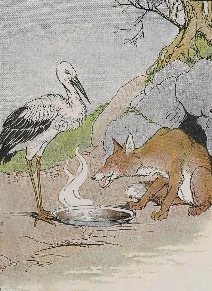 “The Fox and the Stork,” illustrated by Milo Winter, from “The Aesop for Children,” 1919. (PD-US)